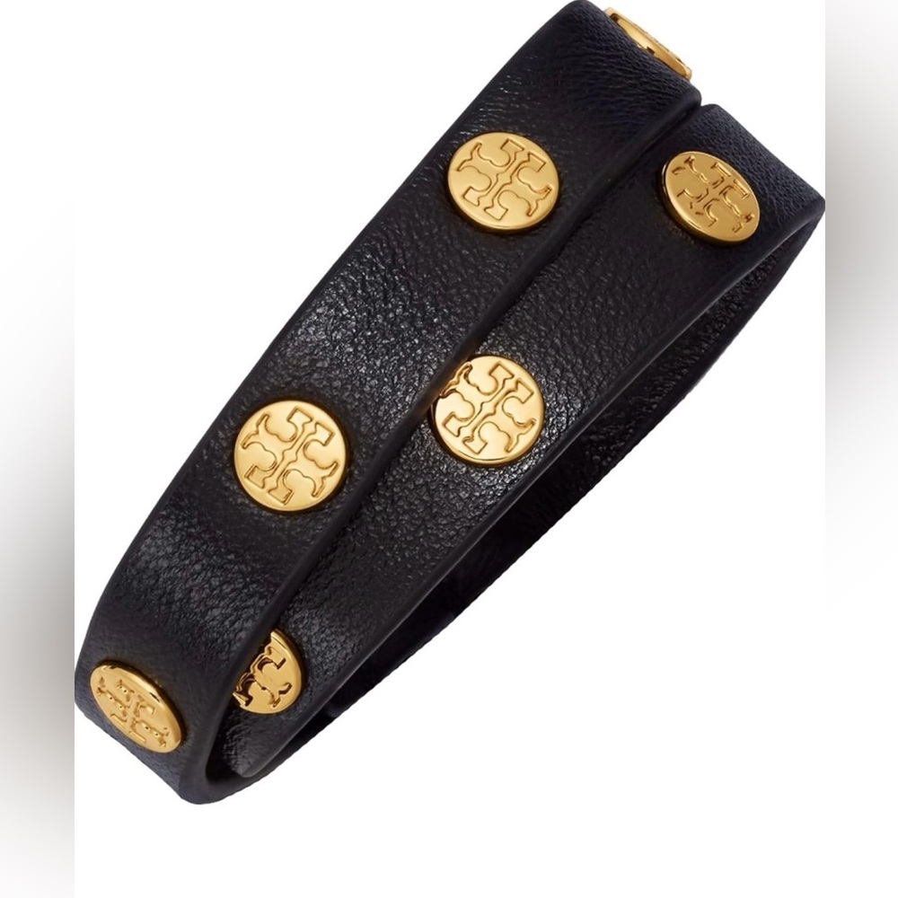 Tory Burch Double Wrap Logo Stud leather bracelet + gold-plated brass hardware.